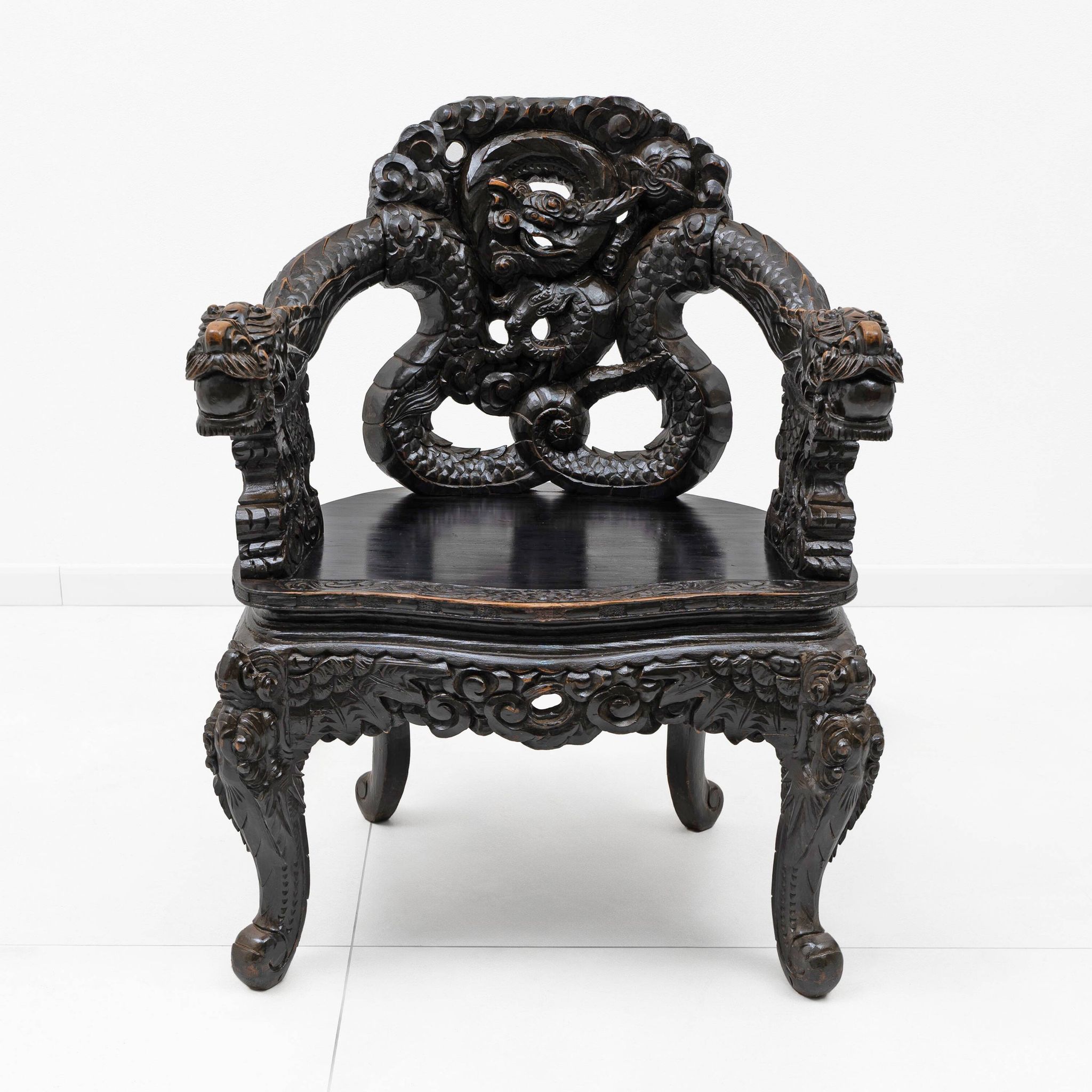 Pair of Chinese Qing Dynasty Carved Dragon Armchairs,Ebonized Hardwood,19th