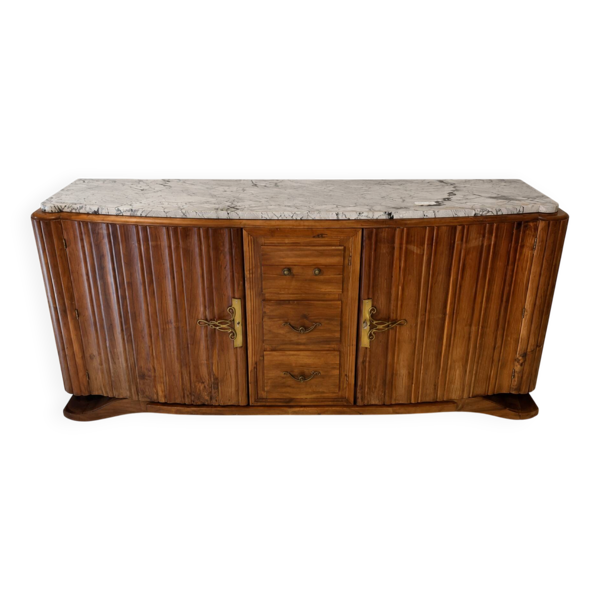 Buffet Art Déco en bois cannelé et marbre veiné