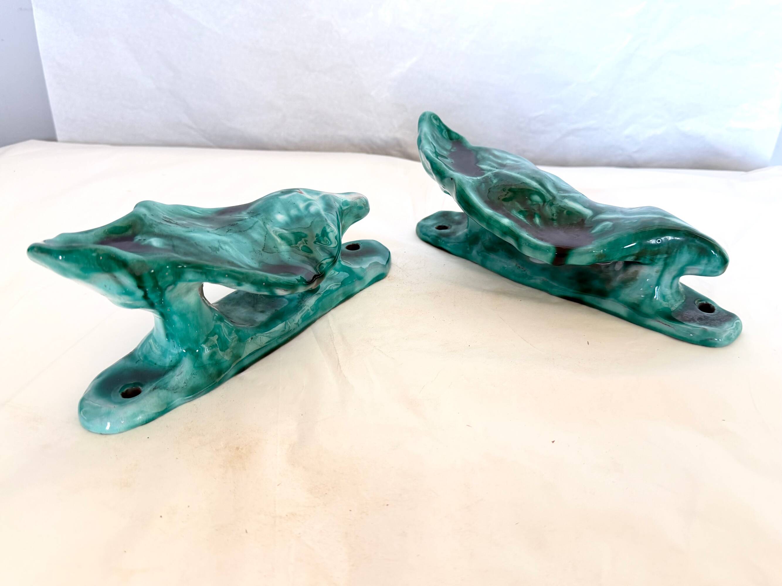 xPair of Handcrafted Teal Enameled Door Handles by Gabbianelli, Albisola, I