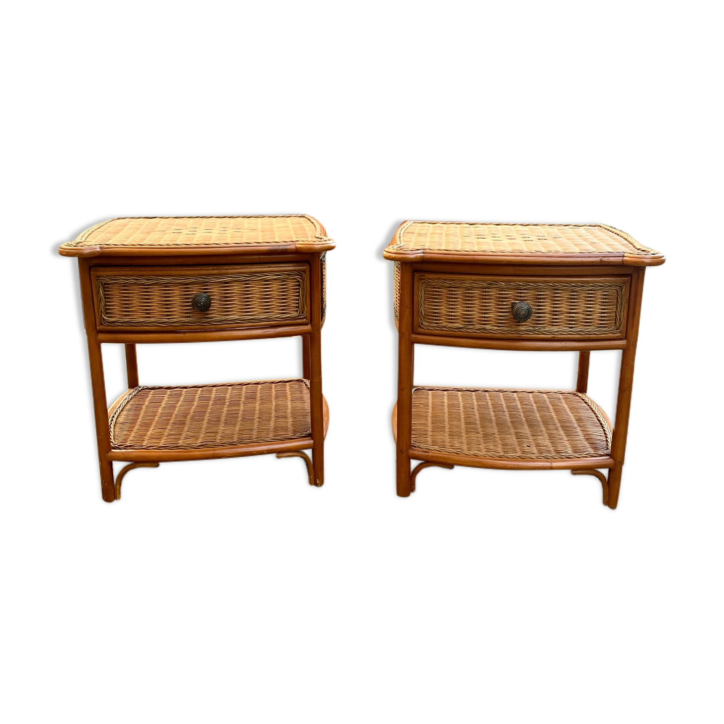 Set de 2 chevets vintage en rotin
