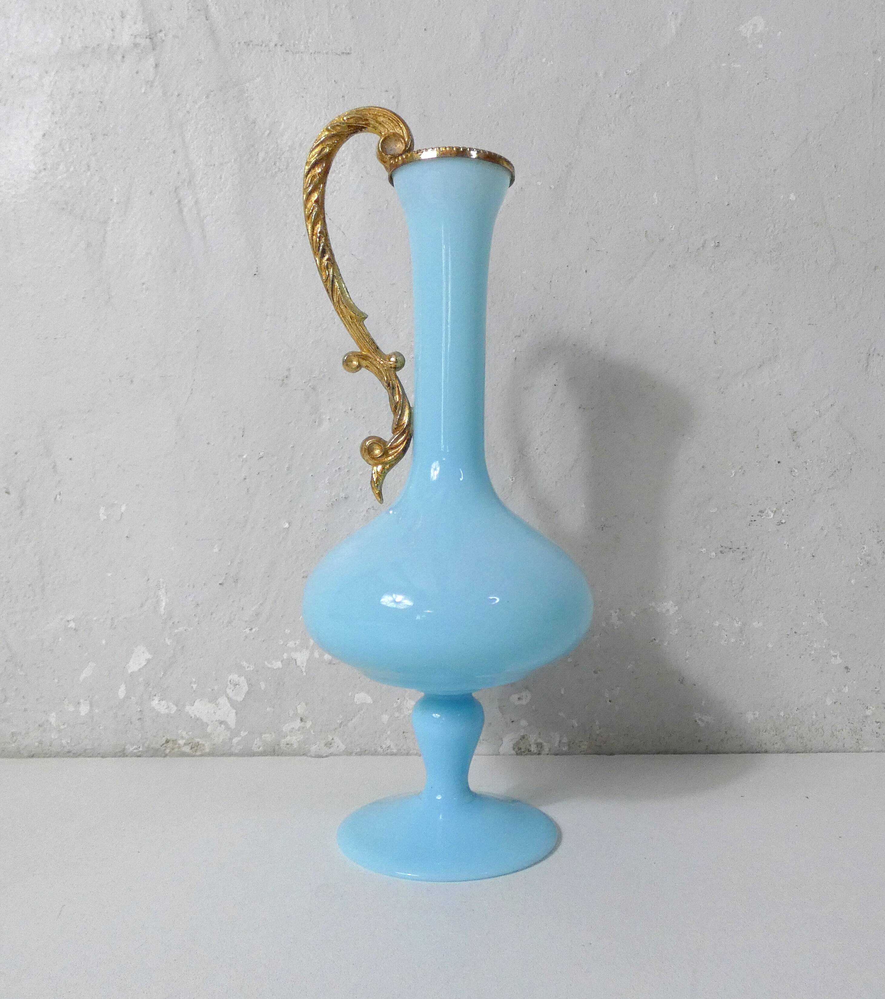 antique blue opaline and gilded brass vase Murano Italy