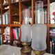 Portuguese rustic brass and frosted glass bedside lamps 1960s set of 2