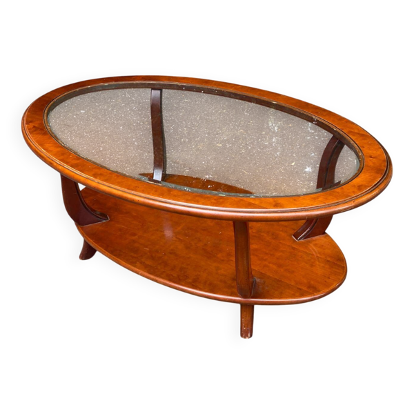 Table basse ovale en bois massif et verre, années 90