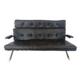 Canapé vintage en cuir noir et chrome, 1970