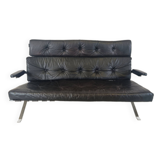 Canapé vintage en cuir noir et chrome, 1970