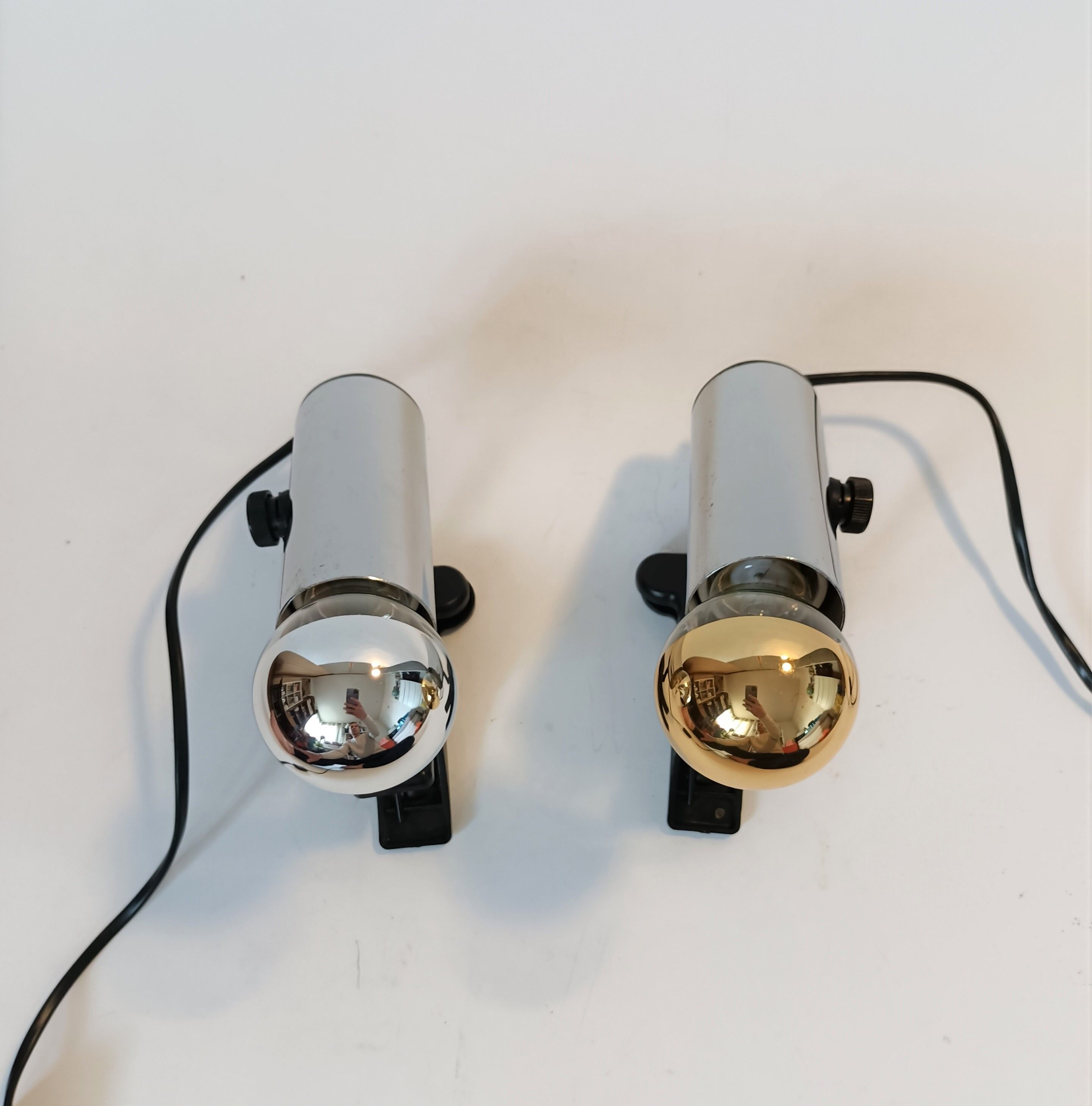 Pair of Targetti clamp spotlights in chrome metal 1970