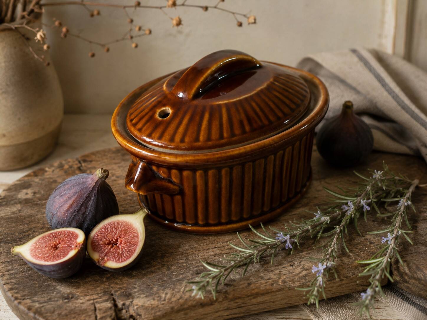 Small vintage oval terrine in caramel ceramic