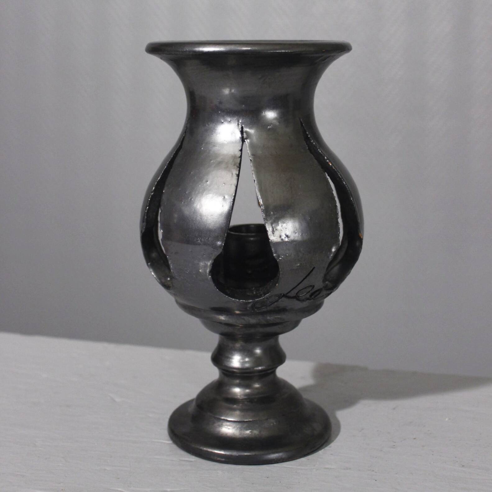 Jean Marais in Vallauris Black glazed candle holder 1970s