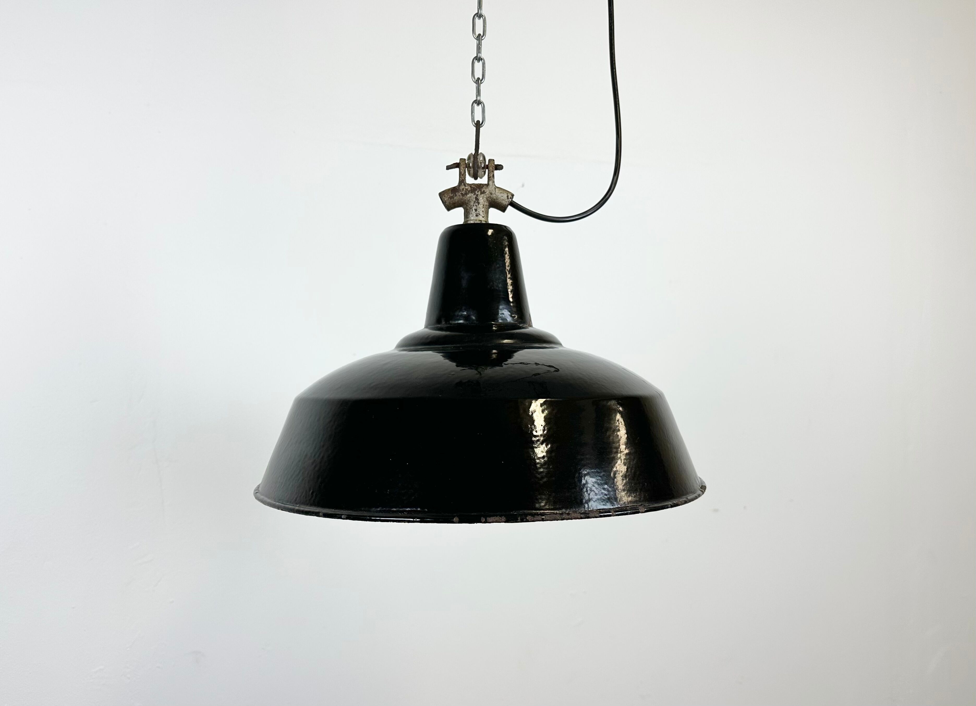 Industrial Black Enamel Factory Lamp with Cast Iron Top, 1950s