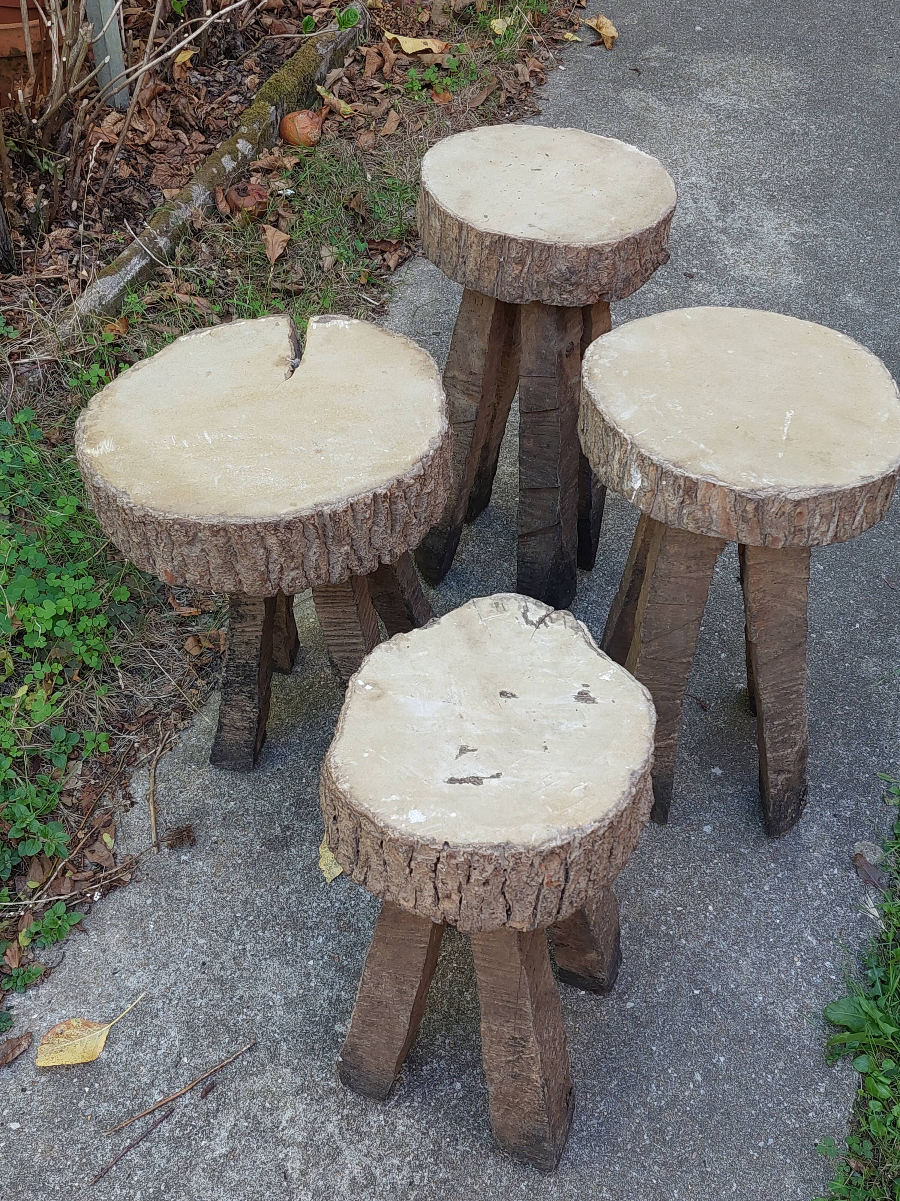 4 stools in raw wood brutalist art