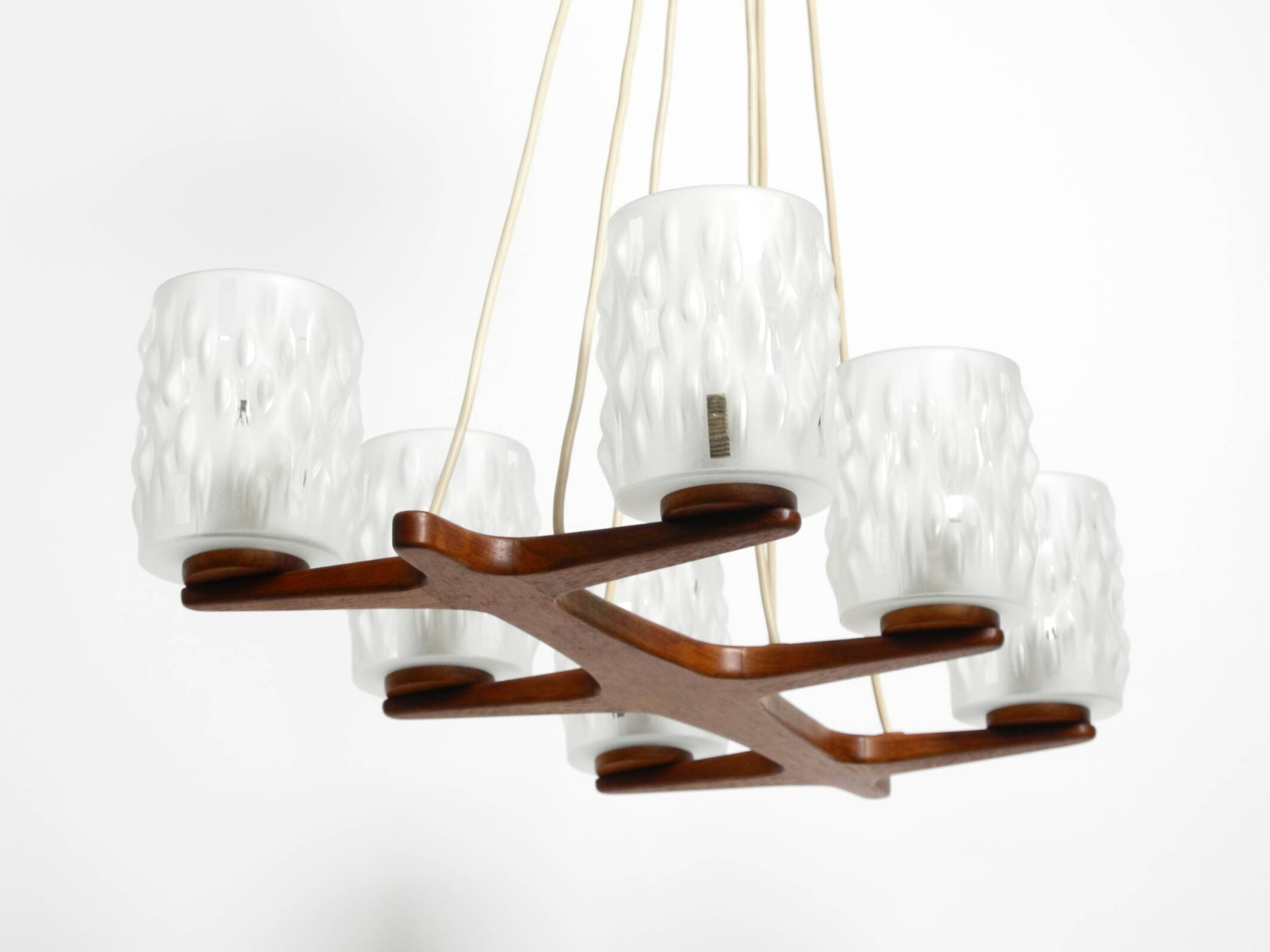 Beautiful 6-armed Scandinavian 1960s ceiling lamp made of teak and with gla