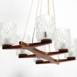 Beautiful 6-armed Scandinavian 1960s ceiling lamp made of teak and with gla