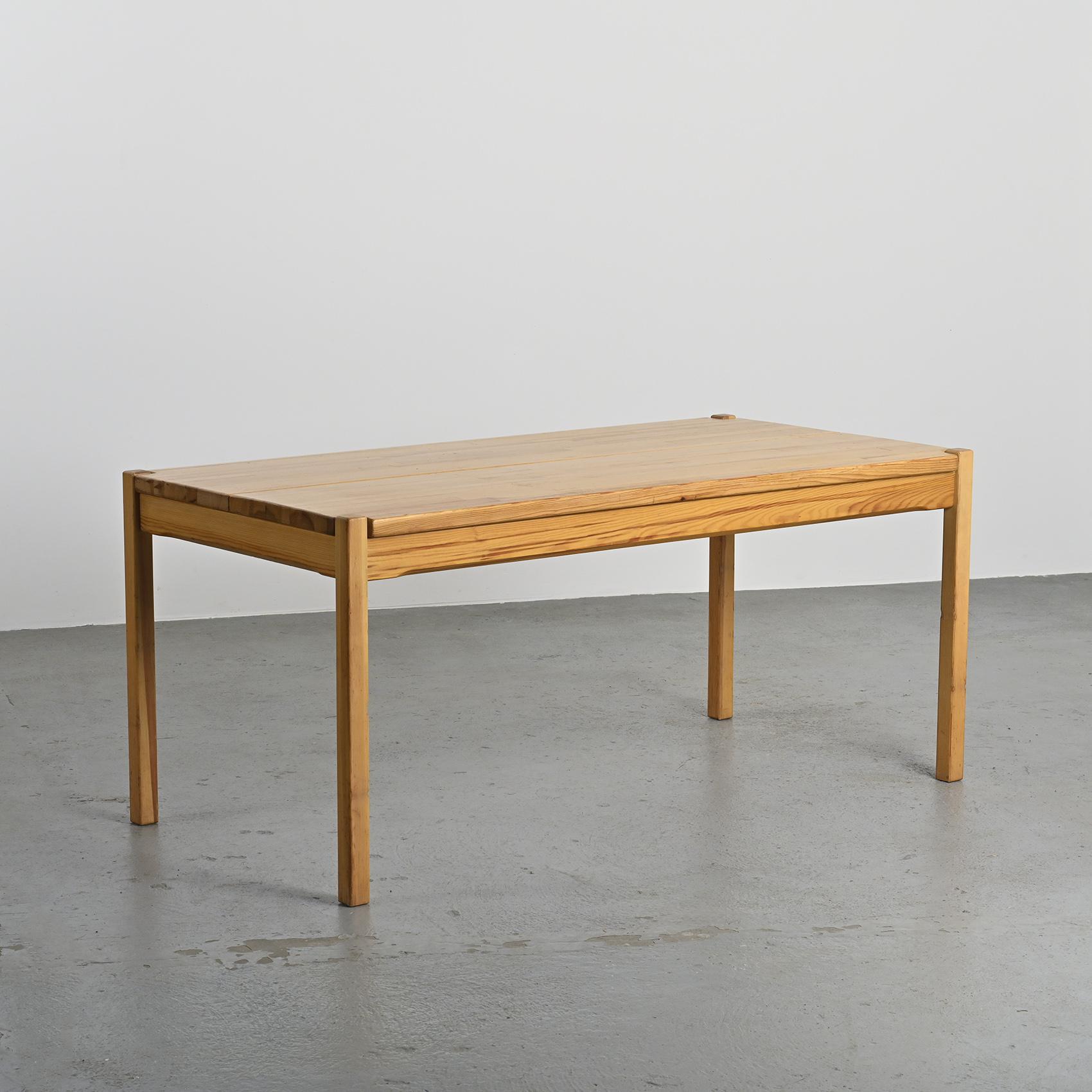 Table and two benches set in solid elm, France, circa 1980