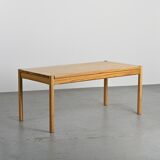 Table and two benches set in solid elm, France, circa 1980