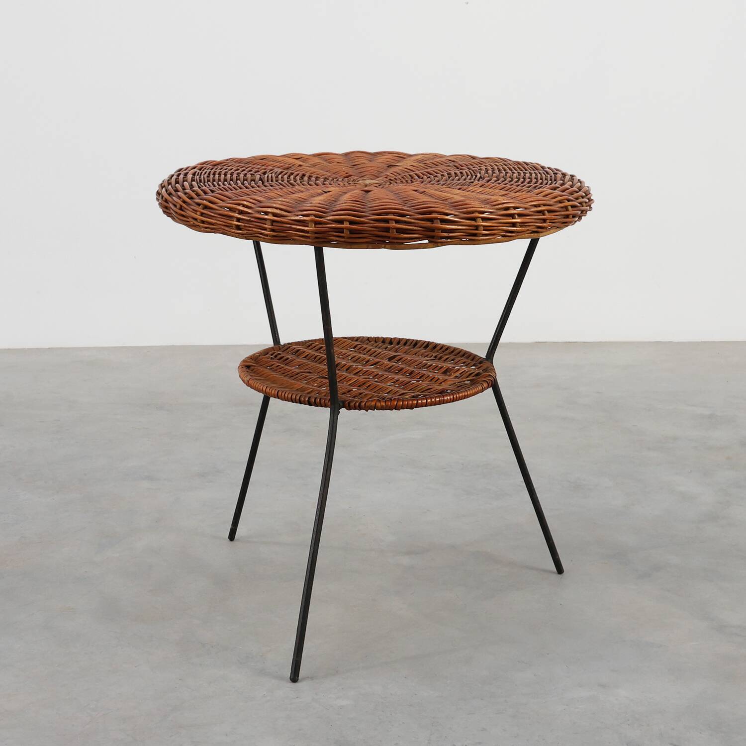 Mid-Century Woven Rattan, Wicker and Iron 2-Tier Round Coffee Table, Italy