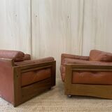 Pair of Cognac Leather Club Armchairs & Wood - Italian Design - 1970s