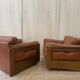Pair of Cognac Leather Club Armchairs & Wood - Italian Design - 1970s