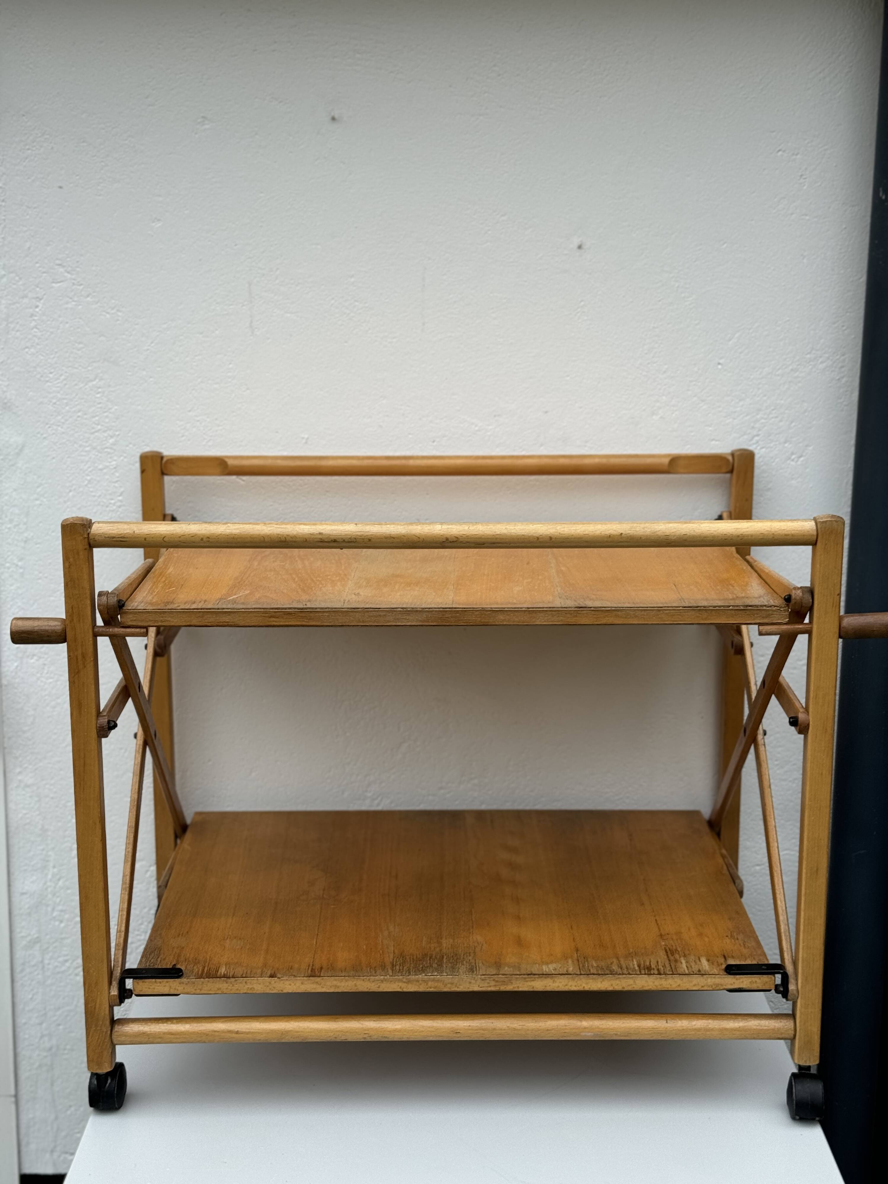 Vintage Foldable Pine Wood Serving Cart