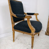 Pair of 19th century Louis XVI gilt armchairs newly re upholstered in holland and sherry fabric