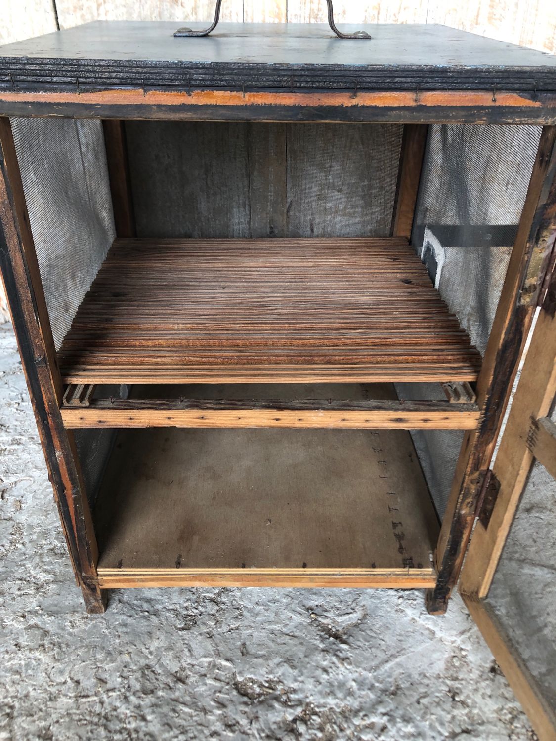 Old wooden pantry cabinet and mesh & vintage metal handle