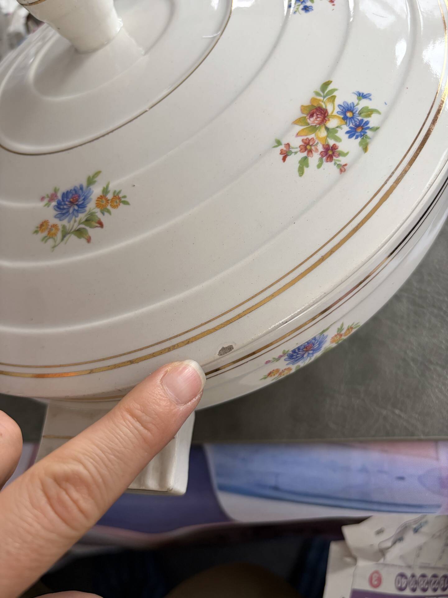 Vintage soup tureen with Art Deco flowers, opaque porcelain, Versailles.