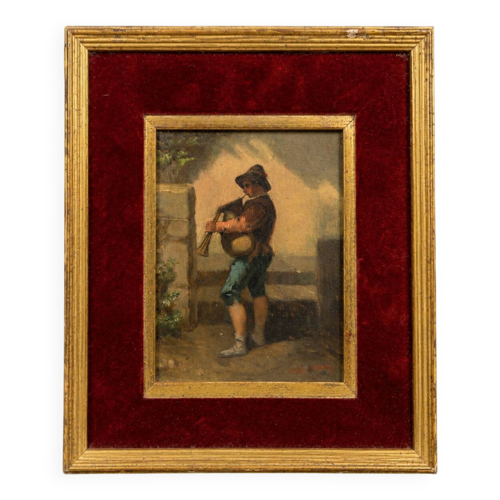 Oil on panel depicting a young bagpipe player – 19th century