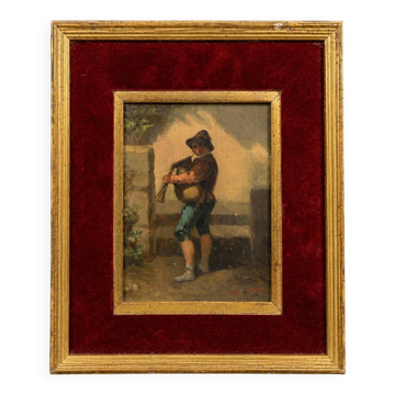 Oil on panel depicting a young bagpipe player – 19th century