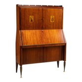 Vintage drop-leaf secretary desk in exotic wood and brass, 1950s.