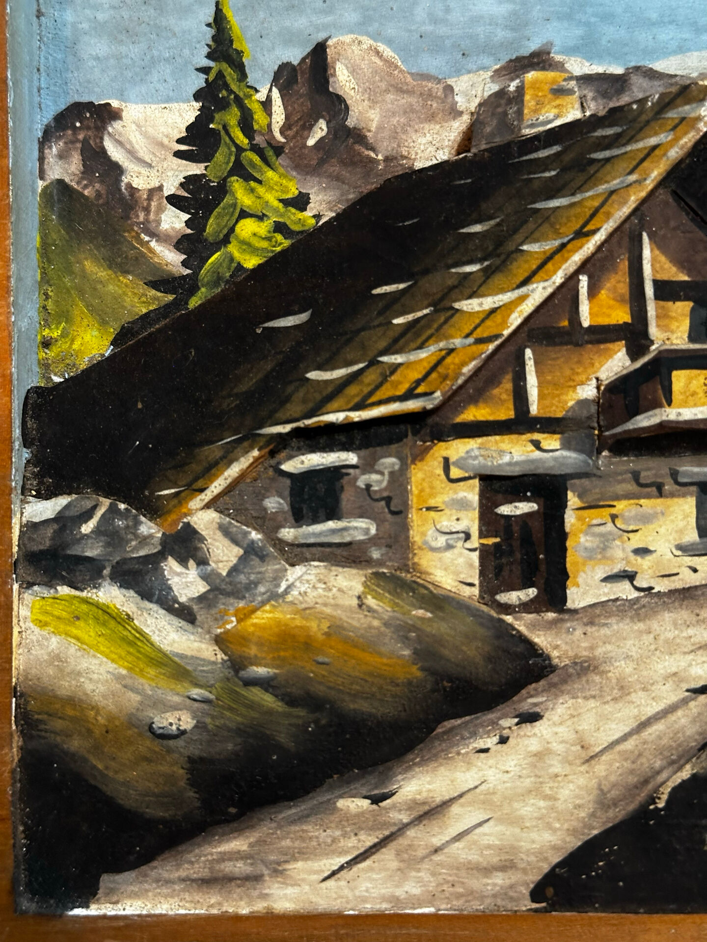 Tableau alpin vintage en bois sculpté et peint