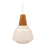 Lamp in white glass with teak top. It is Danish and estimated from the 1970s-1980s.