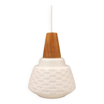 Lamp in white glass with teak top. It is Danish and estimated from the 1970s-1980s.
