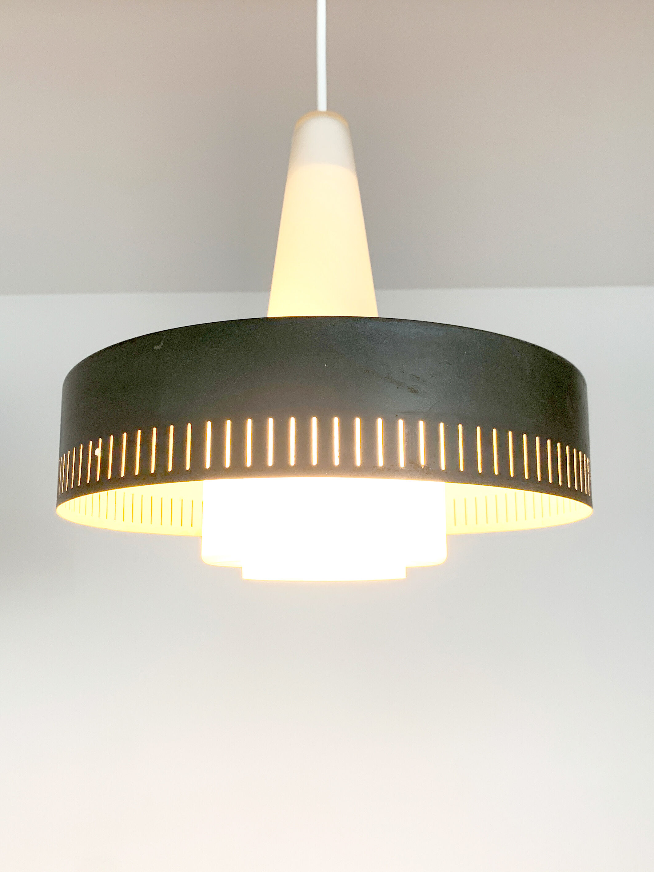 Modernist pendant lamp opal glass and grey metal Bent Karlby for Lyfa, Denmark, 1950-60