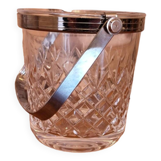 Vintage French Cut Glass Ice Bucket with Square Silver Metal Carry Handle 4503