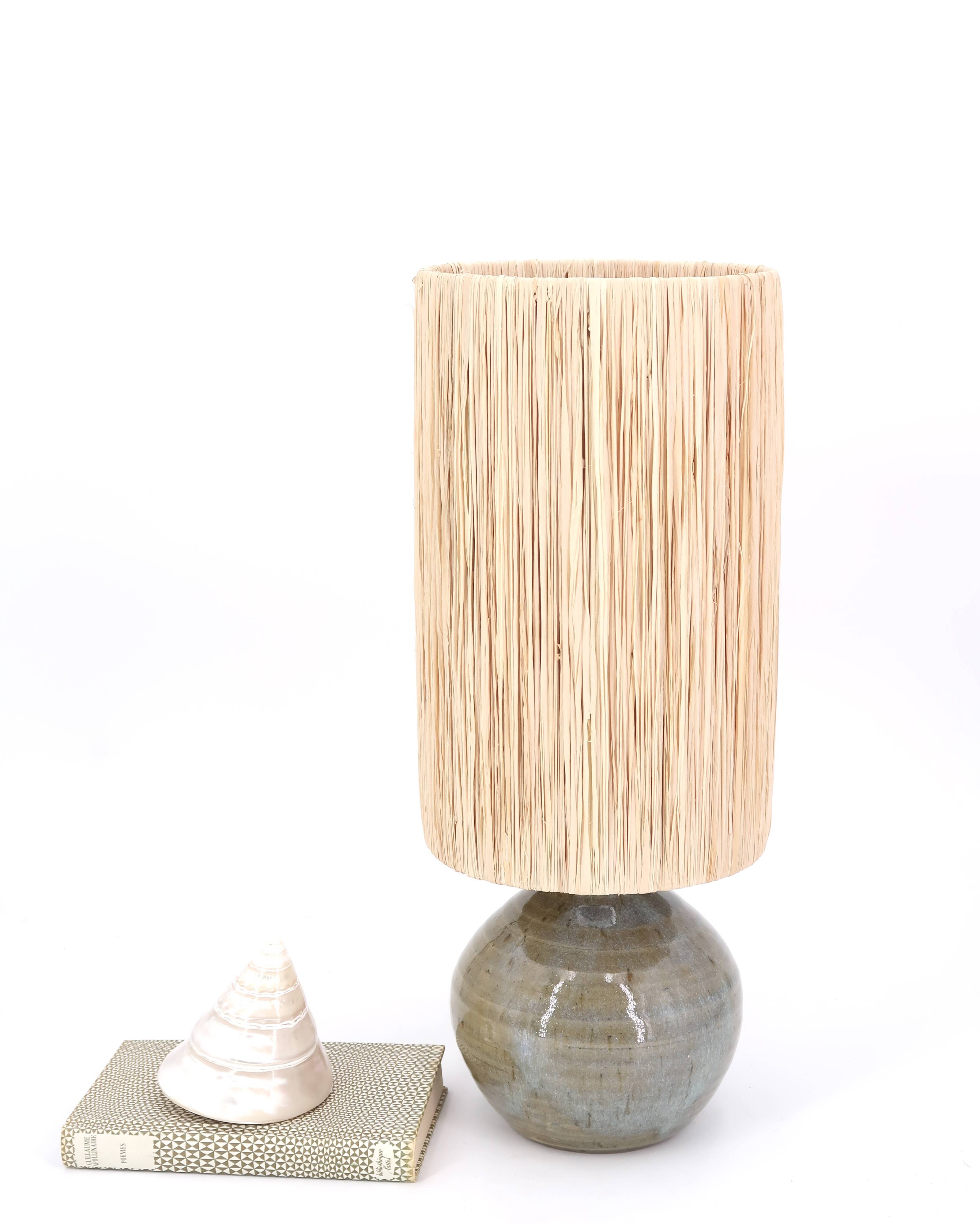 Stoneware potter's lamp, raffia lampshade, 70s ceramic