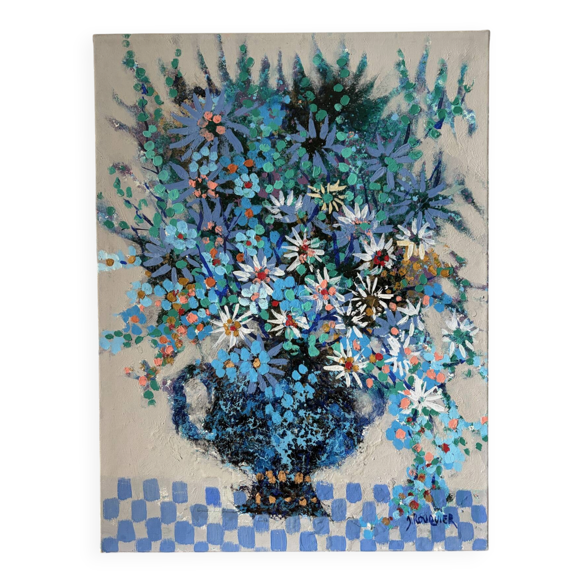 Blue flowers in celebration, oil on canvas signed Jacques Rouquier.