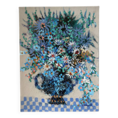 Blue flowers in celebration, oil on canvas signed Jacques Rouquier.