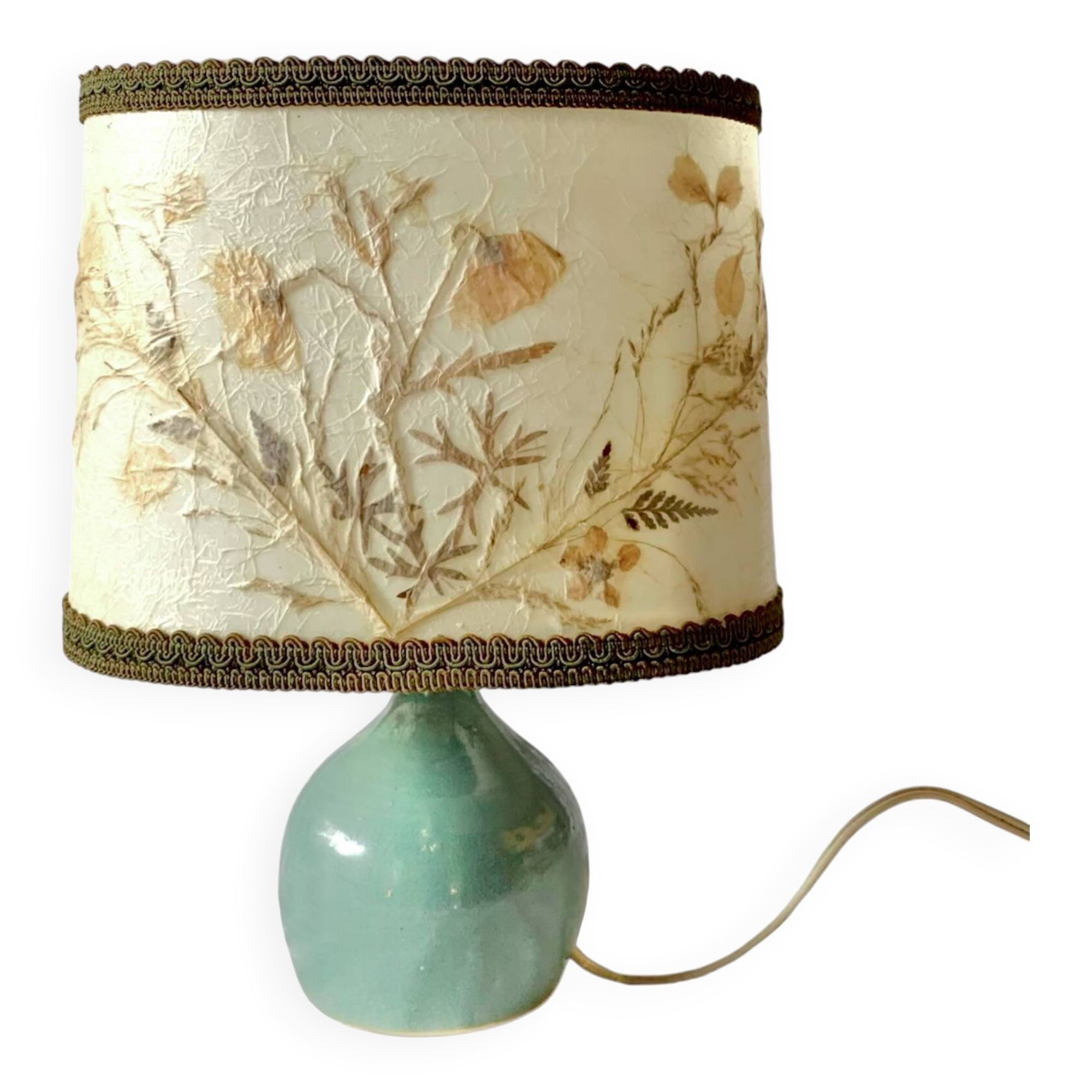 Old small green ceramic side lamp with dried flower lampshade