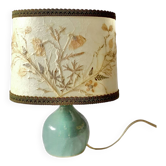 Old small green ceramic side lamp with dried flower lampshade