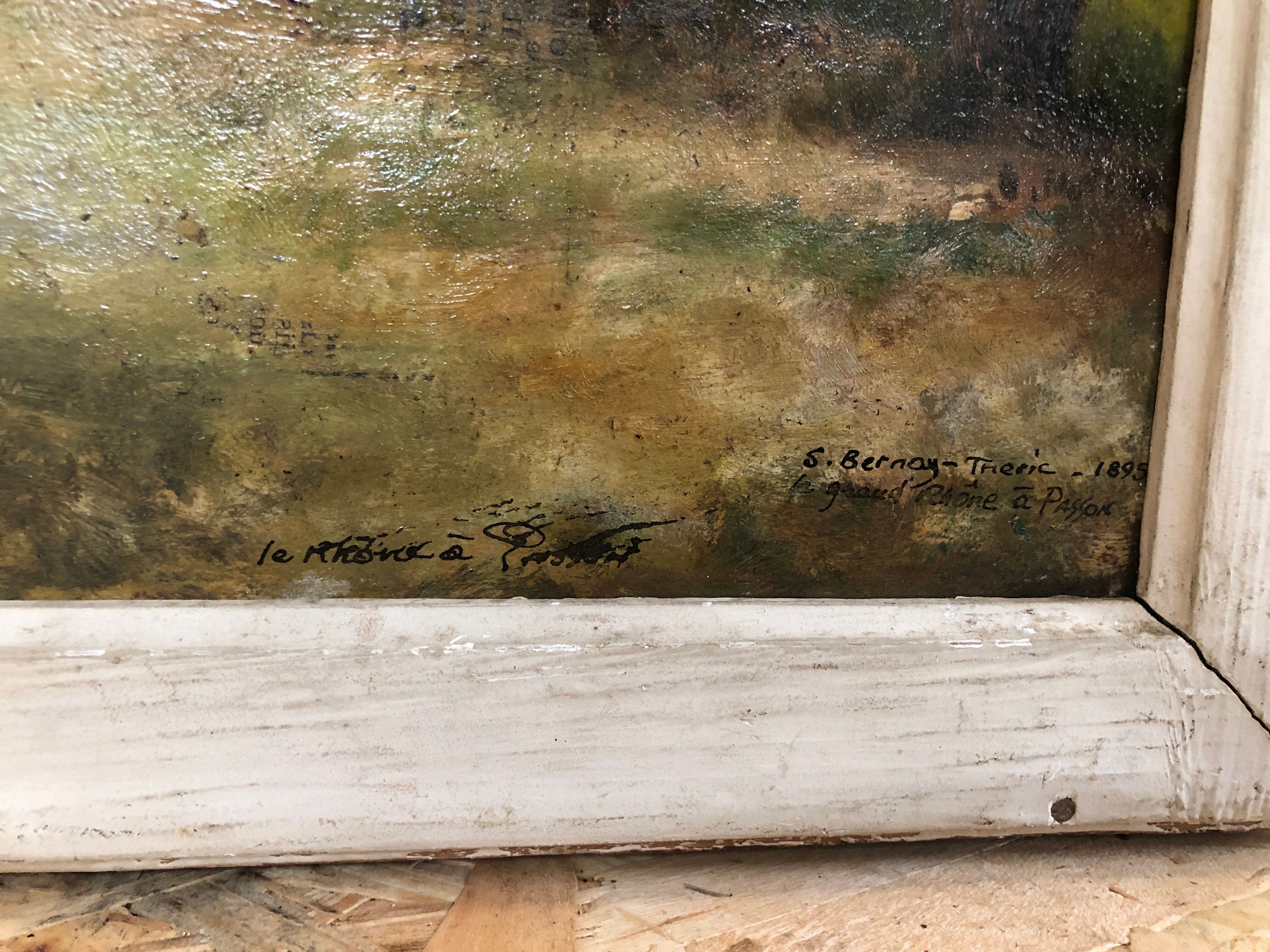 Old oil painting Savior Bernay Theric 1895 the Rhône with vintage wooden frame
