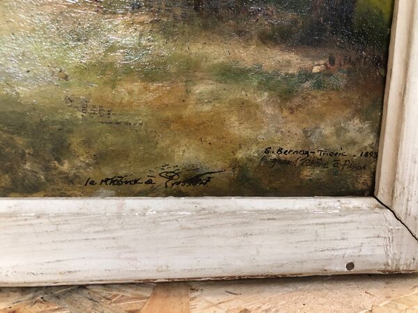 Ancien tableau huile sauveur bernay theric 1895 le rhône avec cadre bois vintage