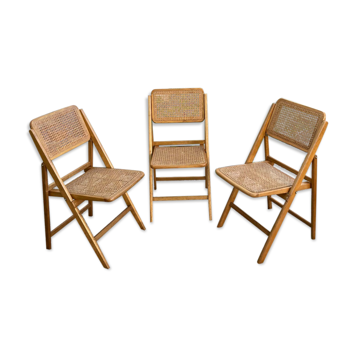 Lot de 3 chaises pliantes en bois et cannage