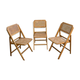 Set of 3 folding chairs in wood and cannage