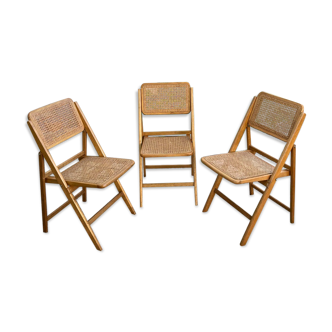 Set of 3 folding chairs in wood and cannage