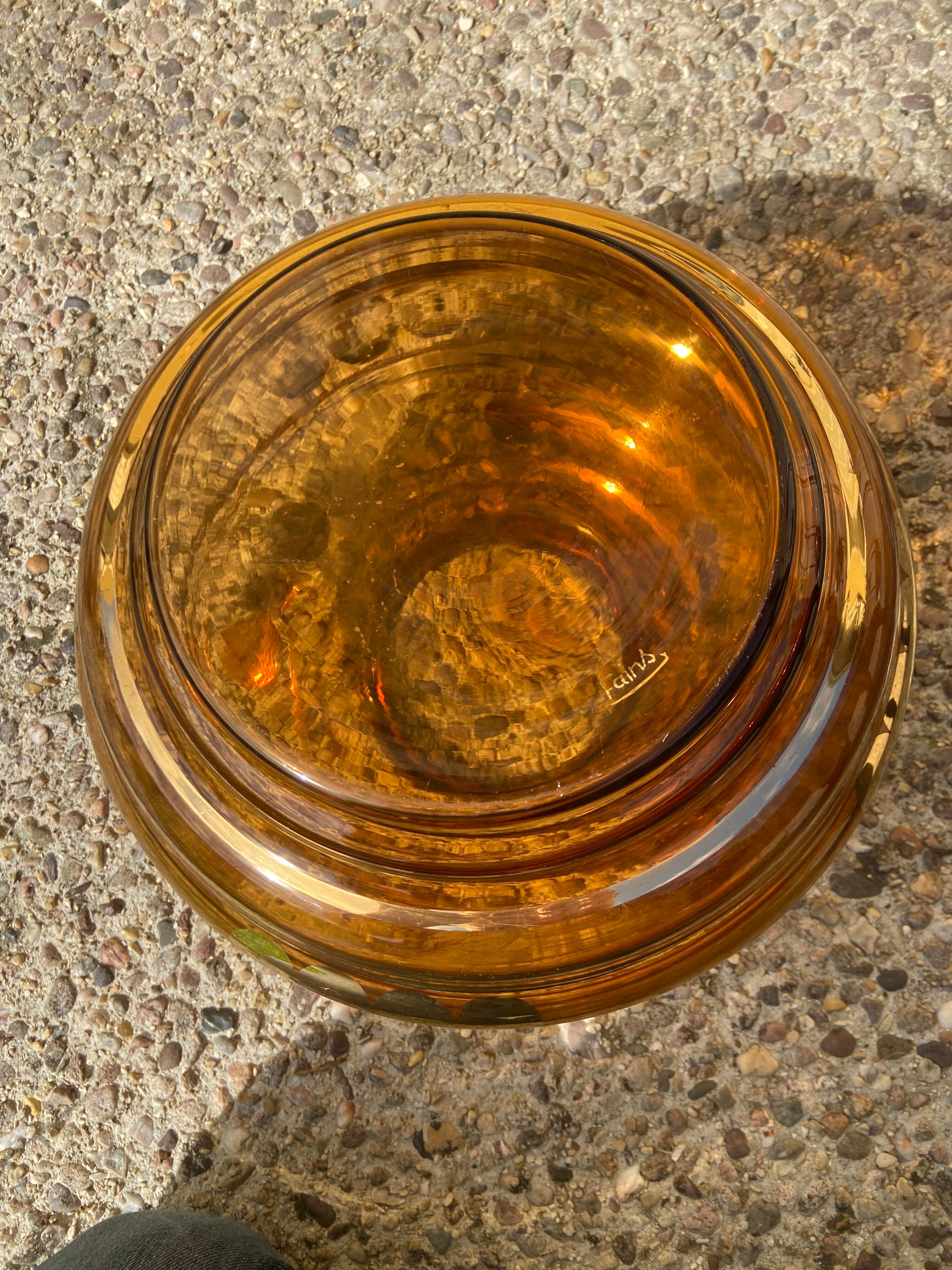 Large Art Deco round vase in amber glass signed Fains, circa 1930.