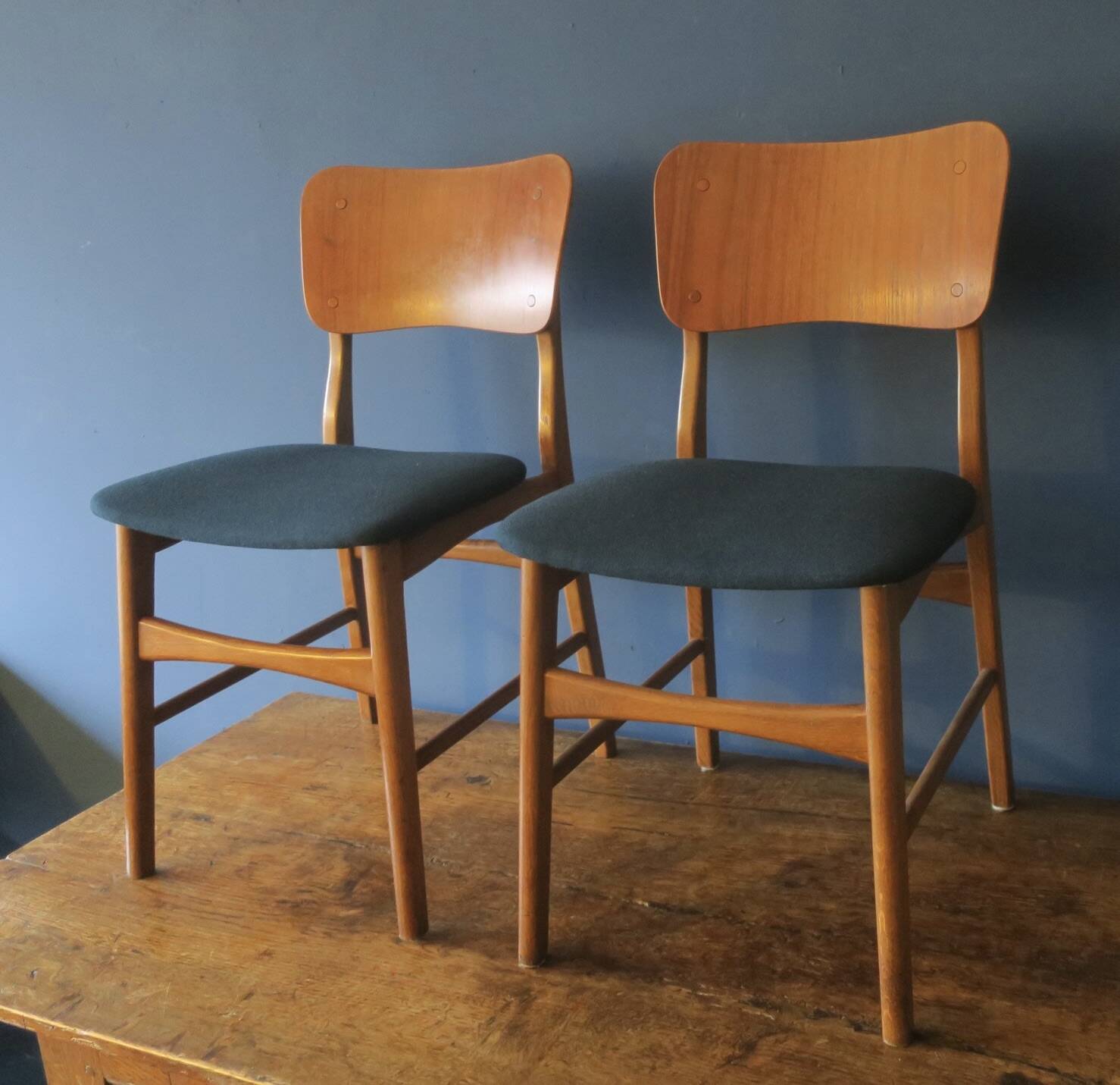 Pair of Danish teak chairs in petrol blue-green, 1960s