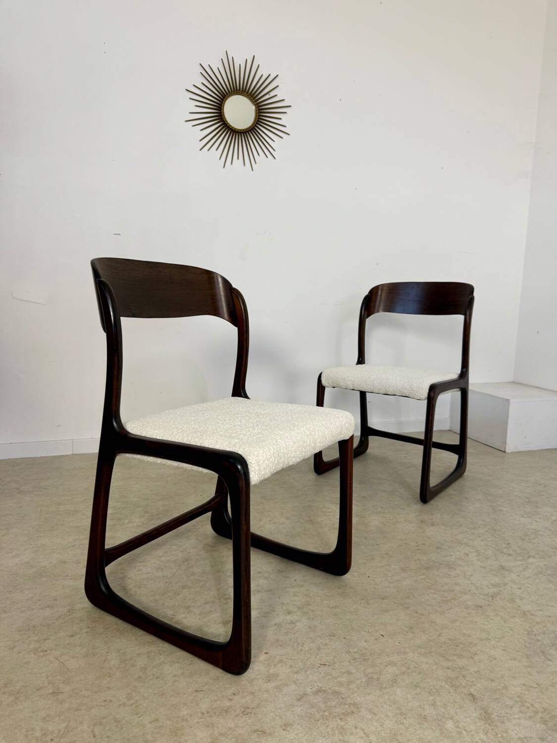 Set of 2 Baumann sled chairs in wood and terry fabric, 60s design