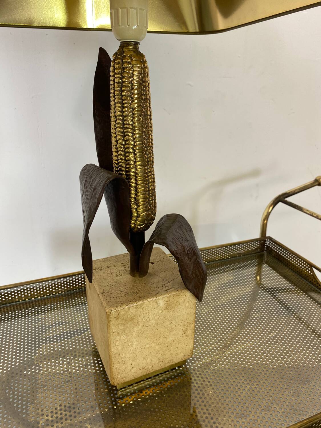 Vintage Bronze, Brass and Travertin Table Lamps in the manner of Maison Charles, 1970s, Set of 2