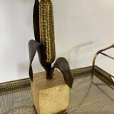 Vintage Bronze, Brass and Travertin Table Lamps in the manner of Maison Charles, 1970s, Set of 2