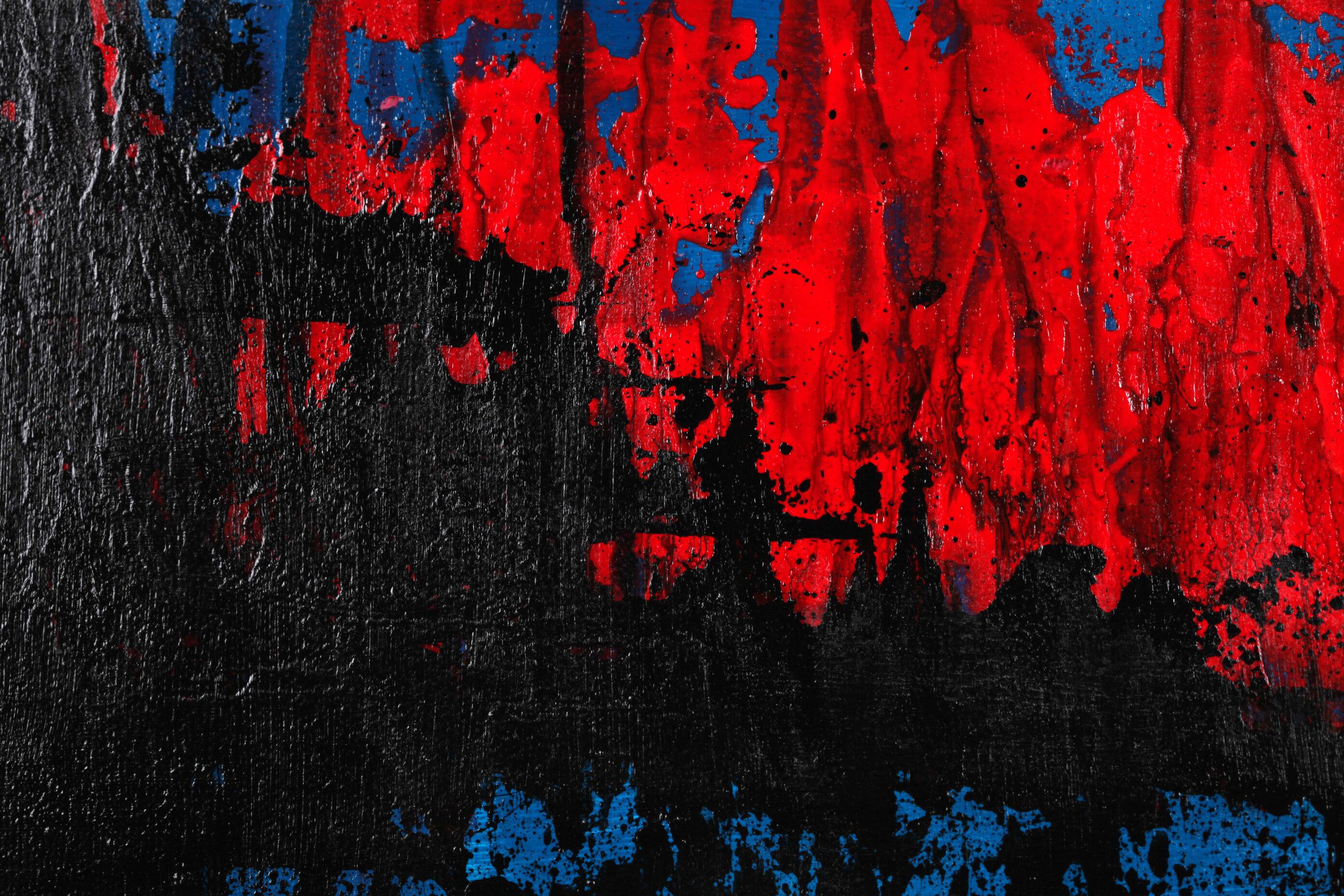 Contemporary abstract artwork in blue, red,black, yelow on stretched canvas