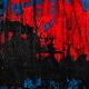 Contemporary abstract artwork in blue, red,black, yelow on stretched canvas